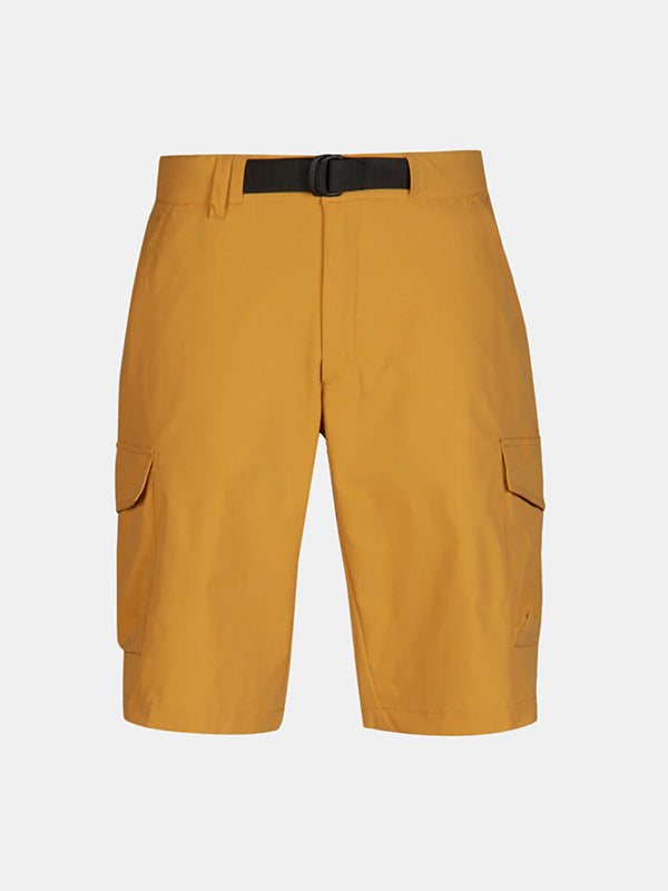 Rundi Mens Shorts by Halti in mustard yellow, with flap pockets, black belt, and recycled polyester fabric.
