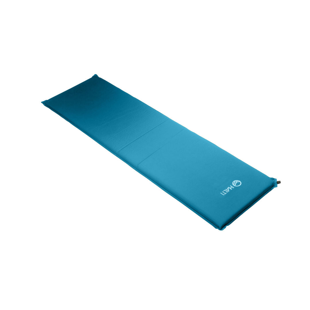 The Halti Hikelite Mattress is a blue rectangular self-inflating camping pad with a corner valve, shown flat on white.