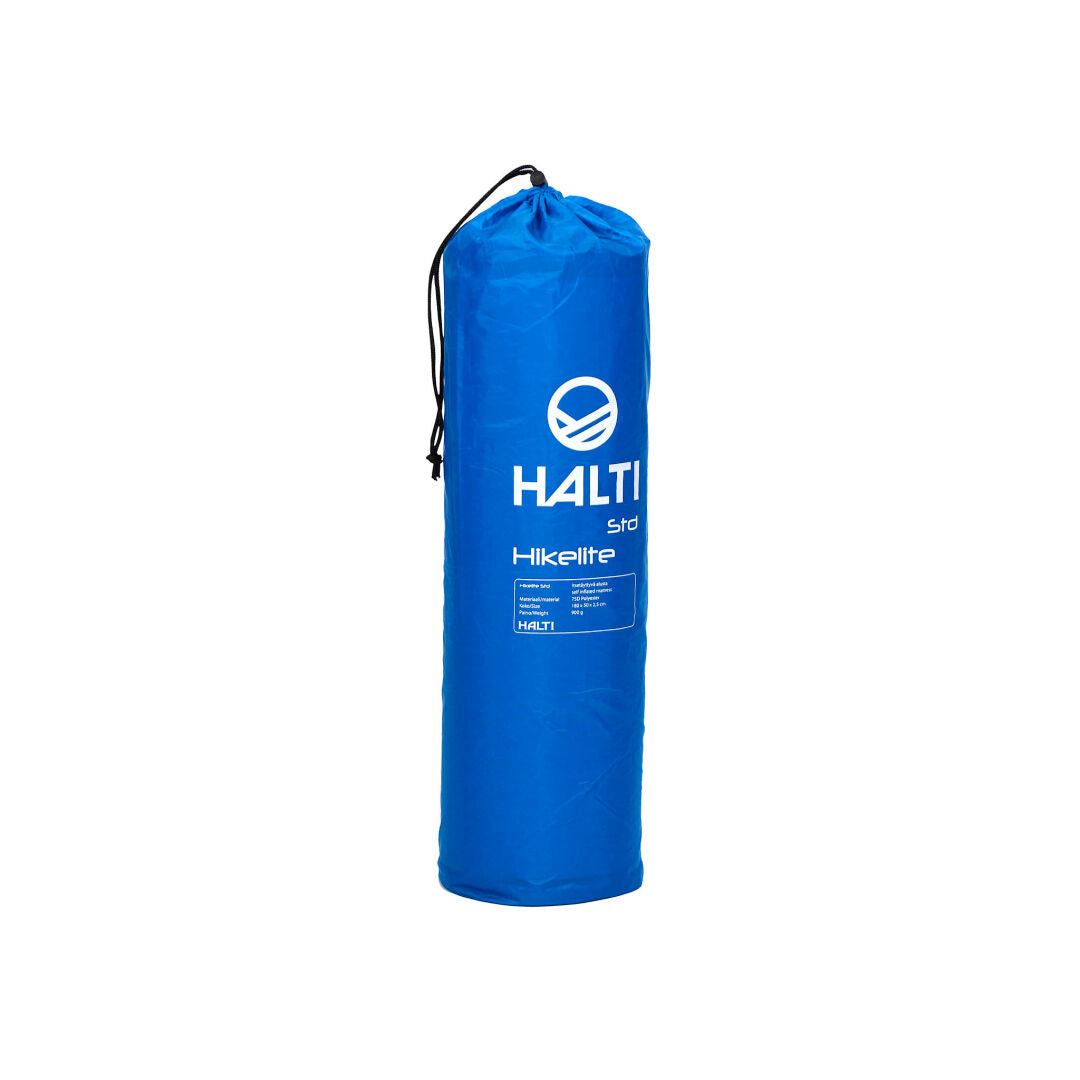 A blue cylindrical Halti Hikelite Mattress carrying bag, ideal for a Halti mattress or self-inflating sleeping pad.