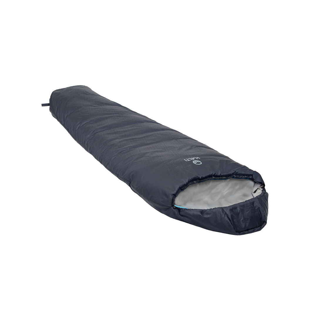 The Halti Camper XL RC Sleeping bag, in dark gray and water-repellent, is shown partially unzipped on white.
