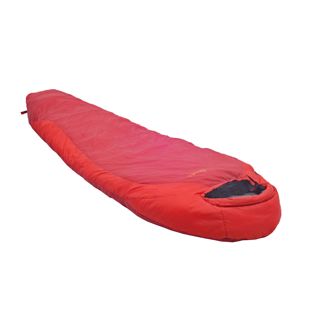 The Halti Oxygen 30 M Evo is a red, three-season mummy sleeping bag with hood and recycled insulation.