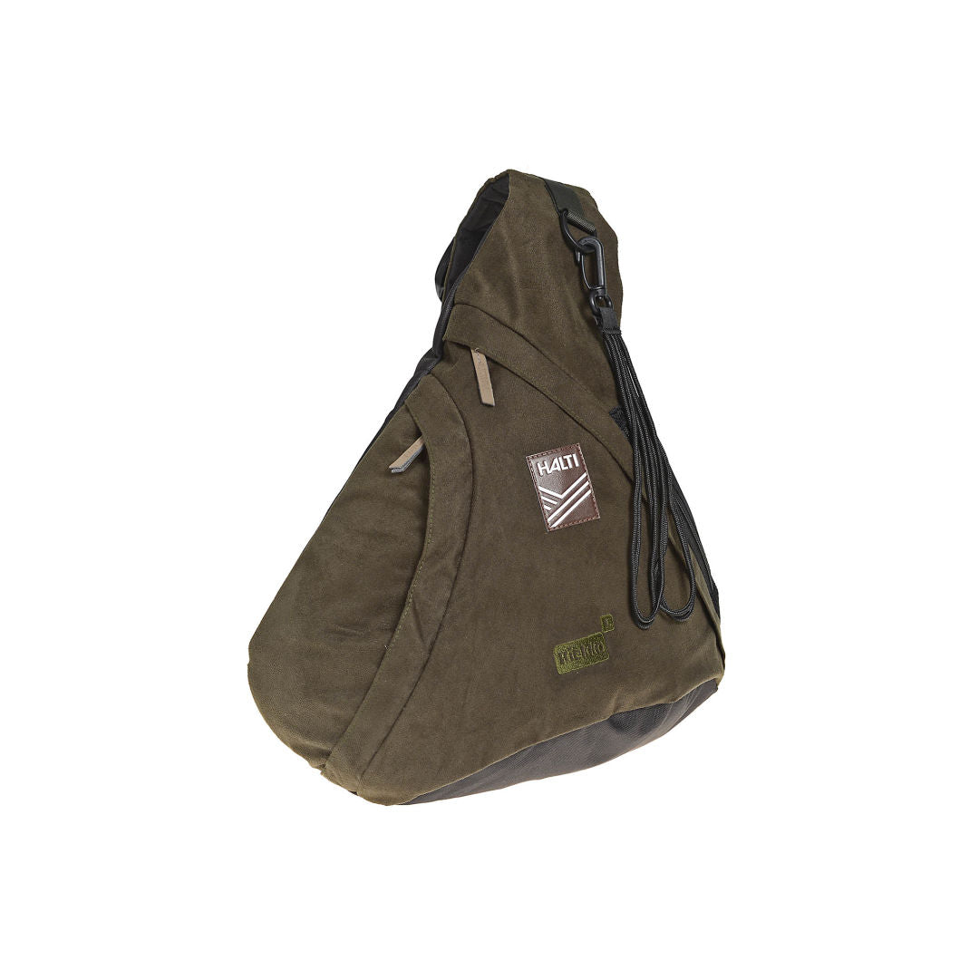 The Halti Riekko Right Pack is a dark green, rustle-free hunting backpack with zipper and adjustable black strap.