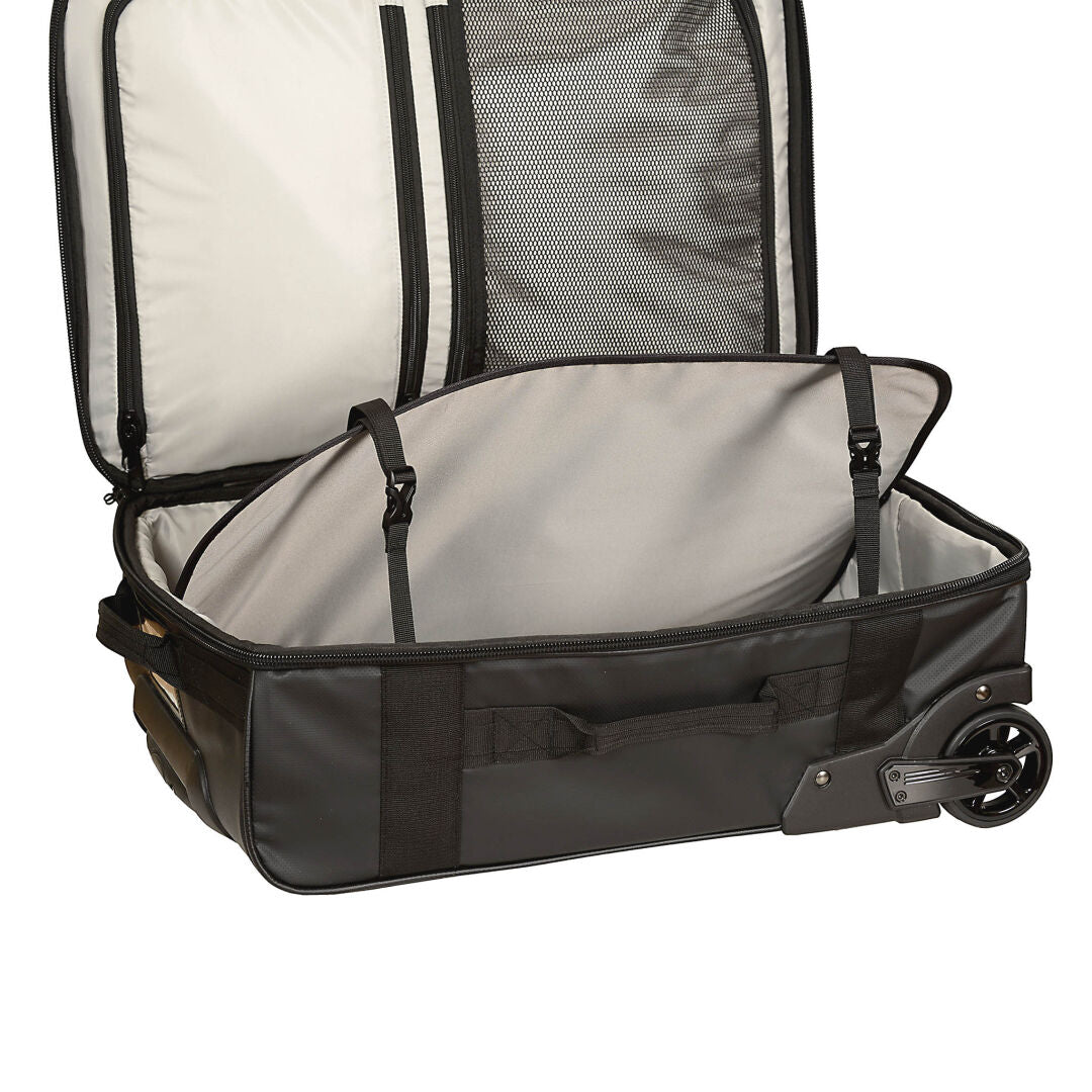 The Halti Attitude Wheels Bag is an open black trolley with straps, mesh pocket, telescopic handle, and wheel.