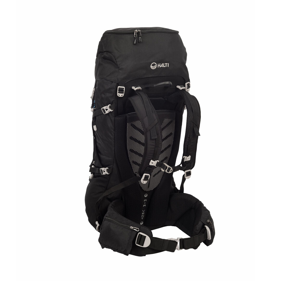 The Halti Inari 75 Backpack is a large black hiking pack with ergonomic straps and mesh back panel, shown on white.