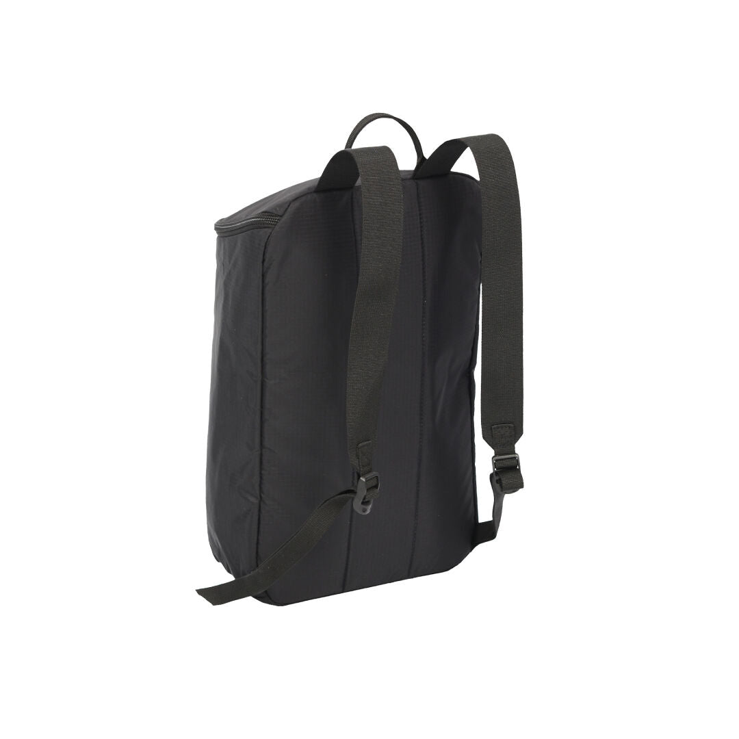 The Halti Inari 75 Backpack in black is shown from the back, featuring ergonomic straps and a top handle.