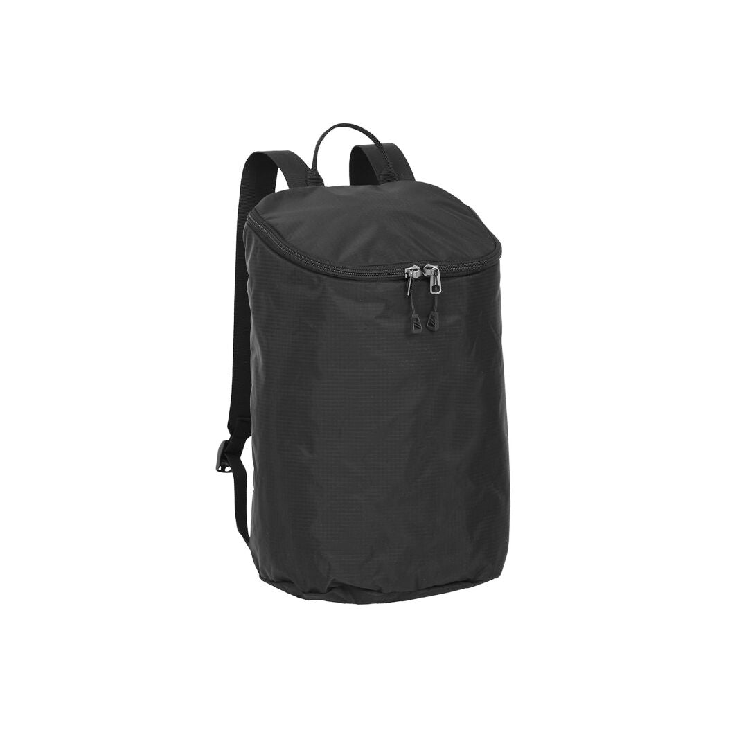 The Halti Inari 65 Backpack is a plain black hiking pack with two shoulder straps and a zippered top closure.