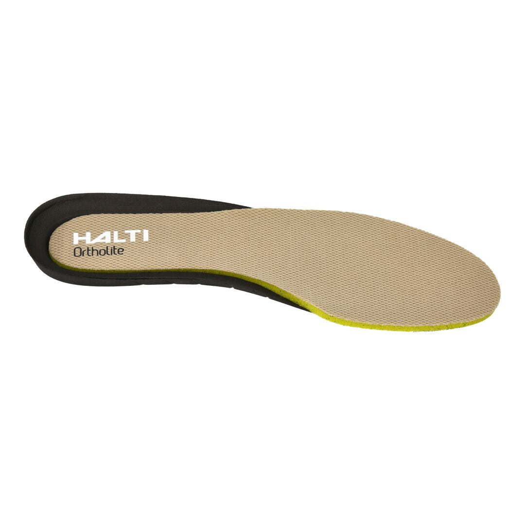A beige and black Halti Hiking Ortholite Insole with yellow trim, featuring breathable, shock-absorbing foam, top view.