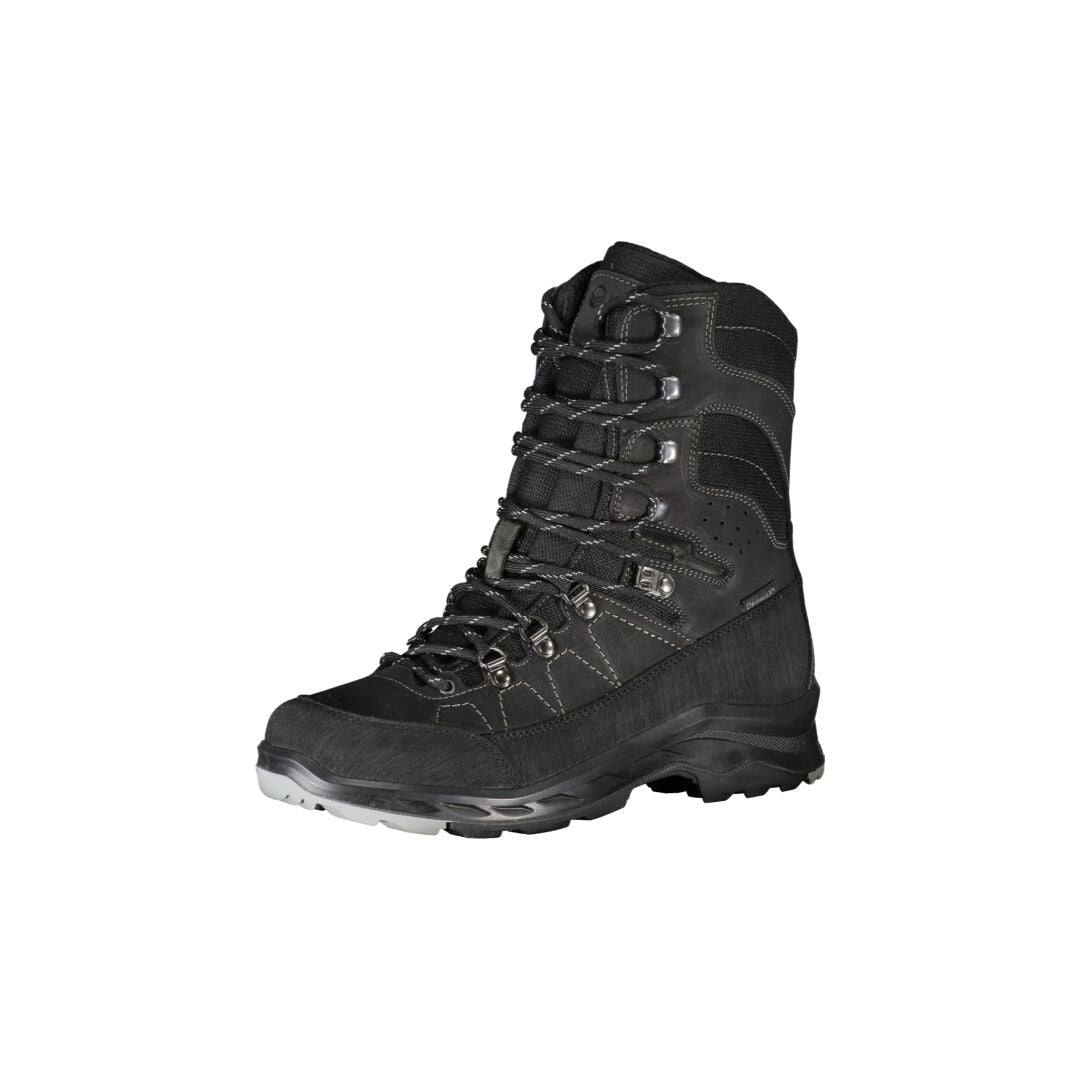 The Halti Berlevog DrymaxX Trekking Boot in black features a breathable mesh lining, shown on a white background.