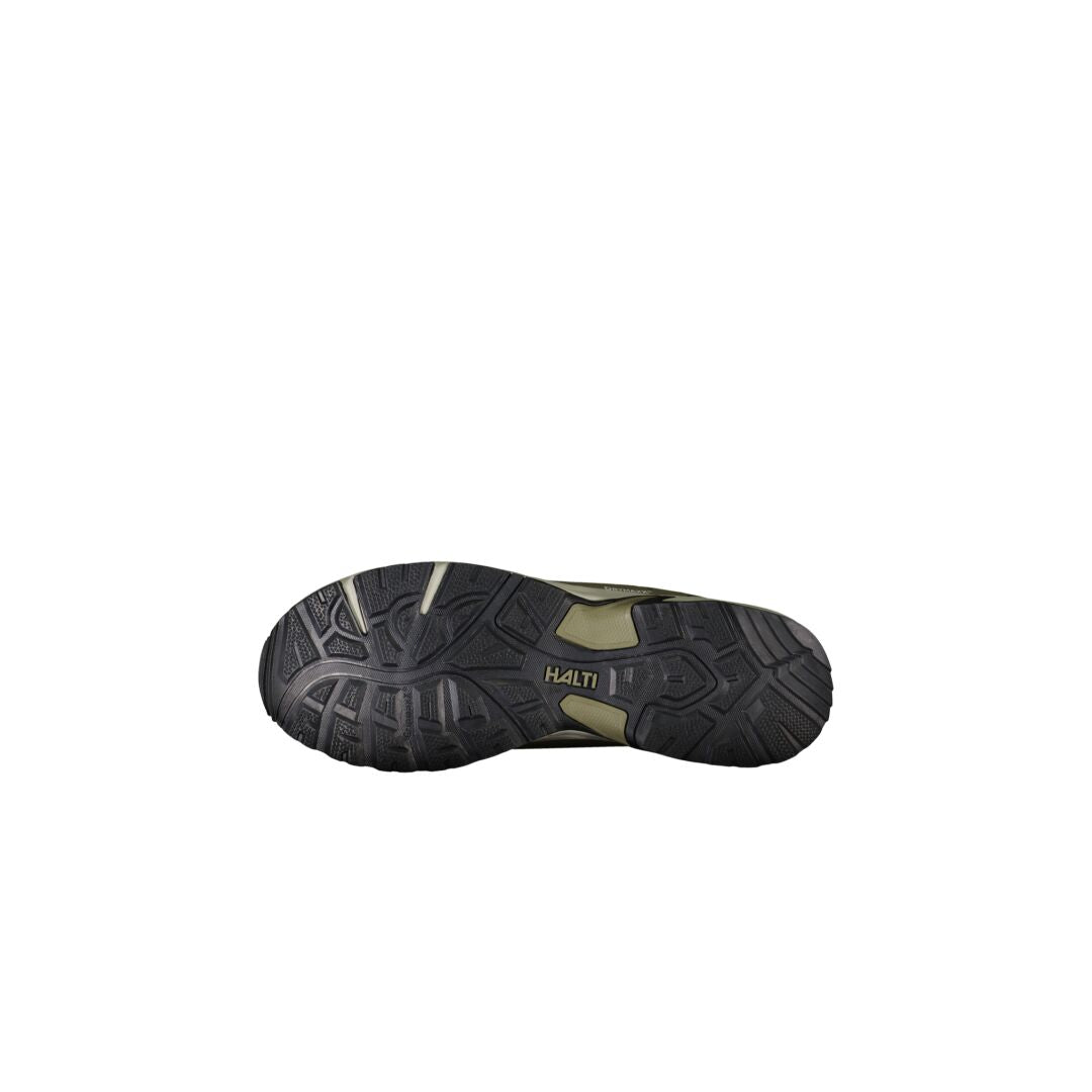 Halti Fara Low 2 Mens DX shoes feature a black and green sole with GripmaxX Antislip, made from recycled PET bottles.