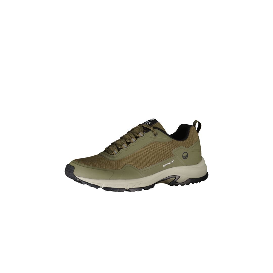 Halti Fara Low 2 Mens DX Outdoor Shoes in olive green and beige with GripmaxX Antislip sole and lace-up closure.