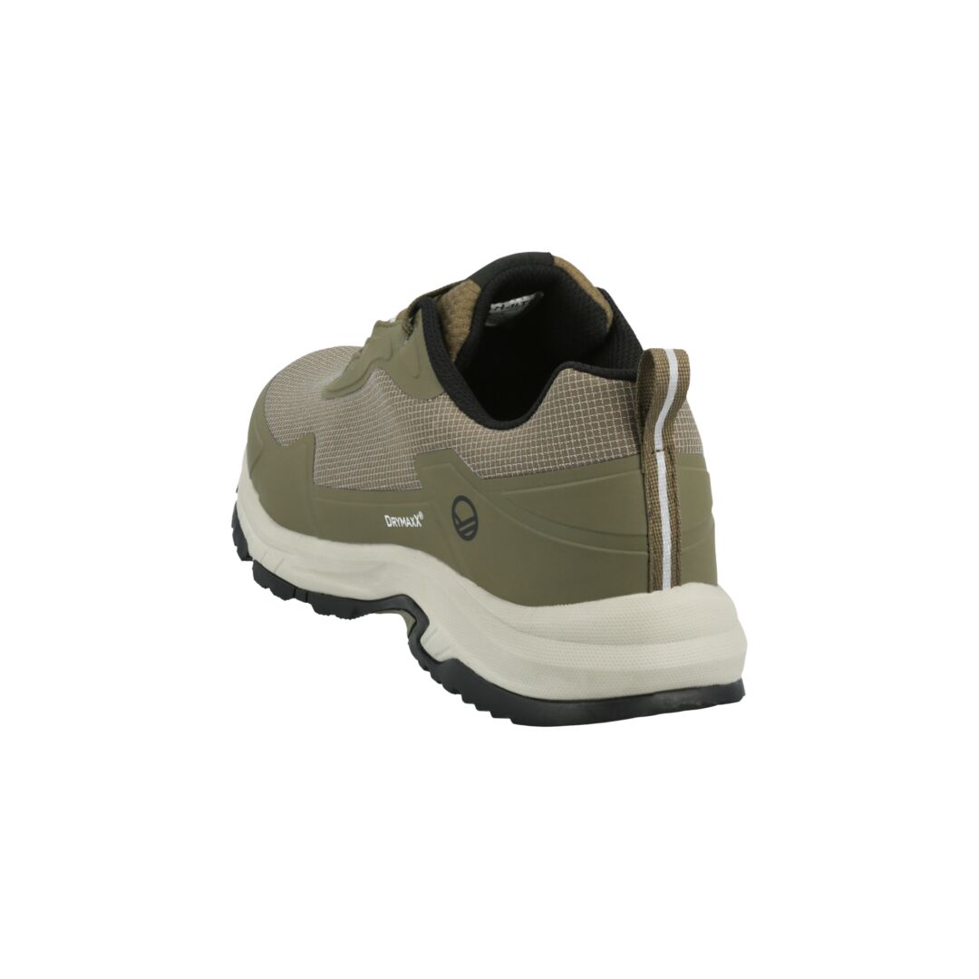The Halti Fara Low 2 Mens DX Outdoor Shoe in khaki and beige has a GripmaxX Antislip sole—shown from rear left.