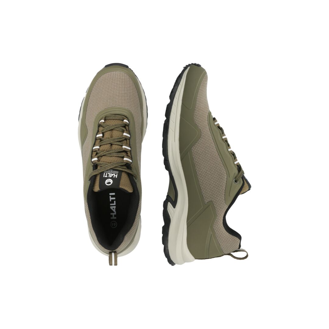 Halti Fara Low 2 Mens DX Outdoor Shoes in olive green/beige with GripmaxX Antislip sole, top and side views.