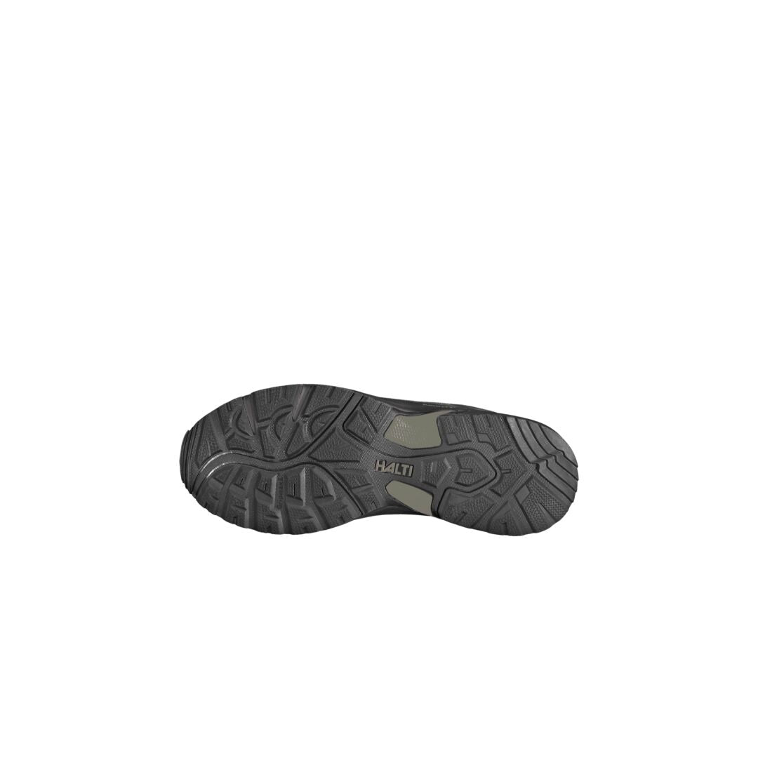 Black rubber GripmaxX Antislip sole of Halti Fara Low 2 Mens DX Shoe, with textured pattern, on white background.