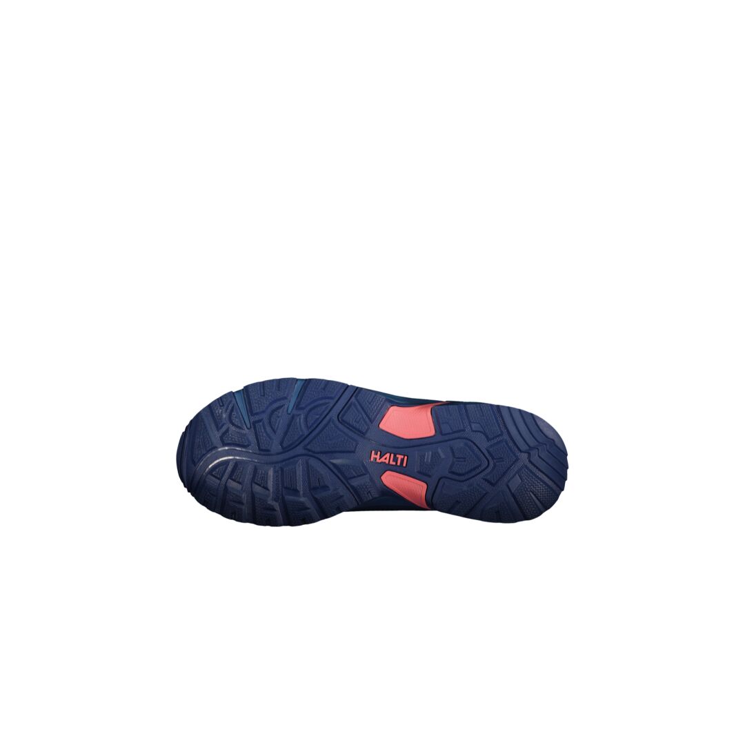 Blue GripmaxX sole, pink Halti logo—Fara Low 2 DrymaxX Womens outdoor shoe, ideal for waterproof walks.