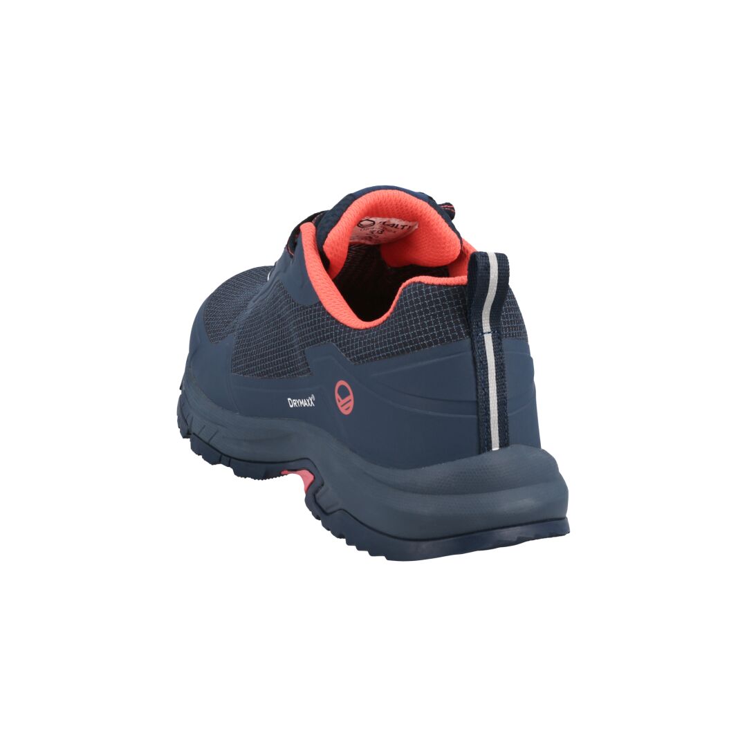 Halti Fara Low 2 DrymaxX womens outdoor shoe in navy blue/coral, shown from back with GripmaxX sole and heel loop.
