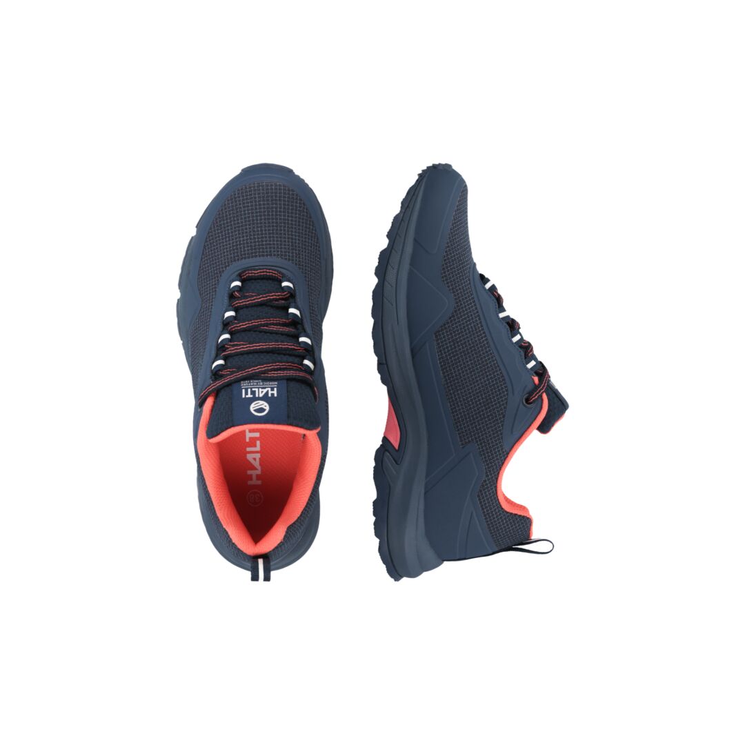 The Halti Fara Low 2 DrymaxX women’s shoe, navy with red-orange accents and GripmaxX sole, shown on white.