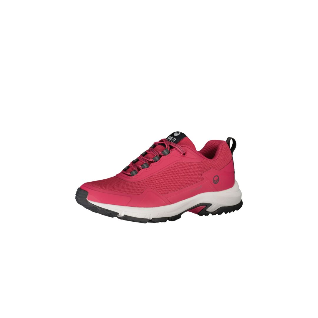 Halti Fara Low 2 DrymaxX womens outdoor shoe in pink, with red laces, GripmaxX sole, and black heel pull tab.