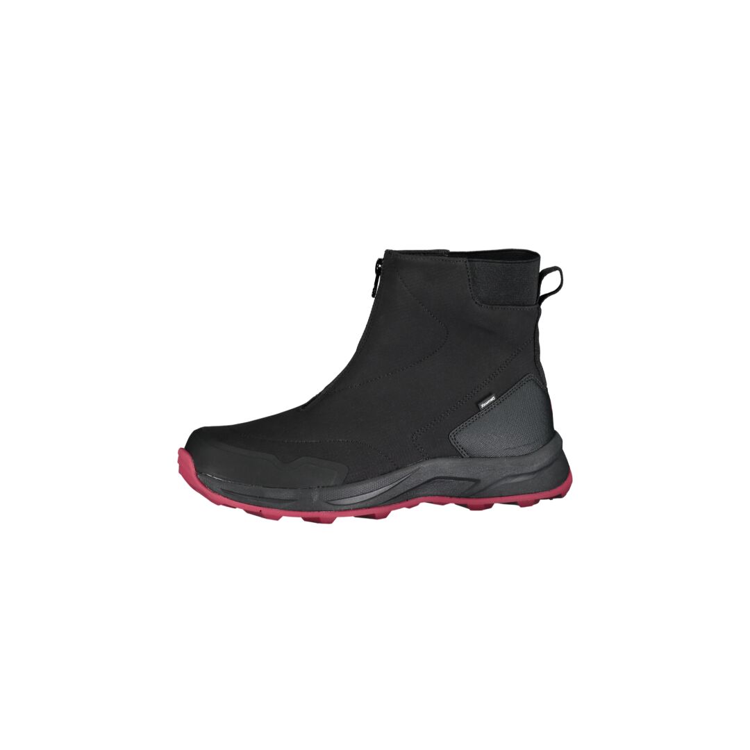 Halti Nanook Mid DrymaxX Spike Shoe Womens, black with red sole, GripmaxX Spike outsole, and side zipper.