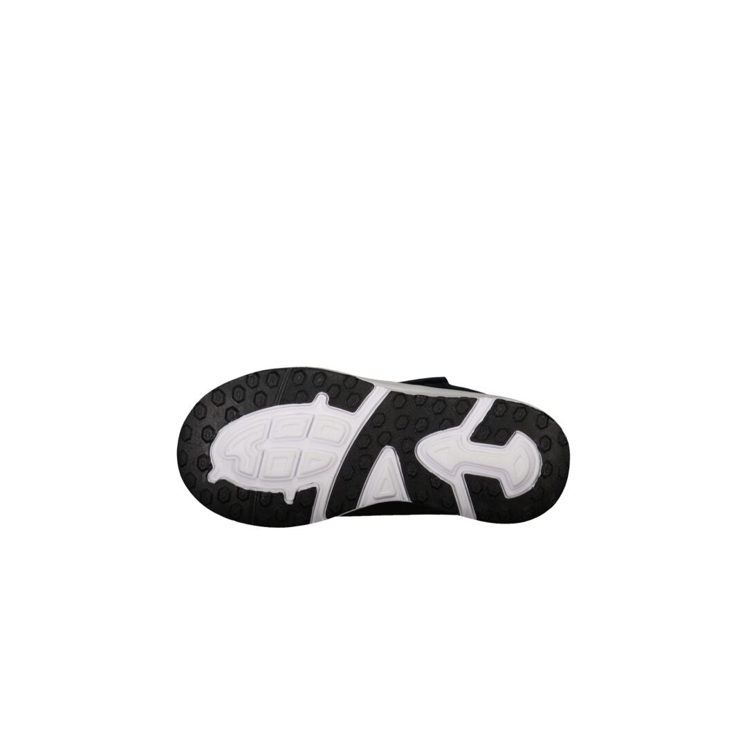 Bottom view of Halti Gisla Children Mid DrymaxX Shoe sole, black and white with textured tread, on white background.