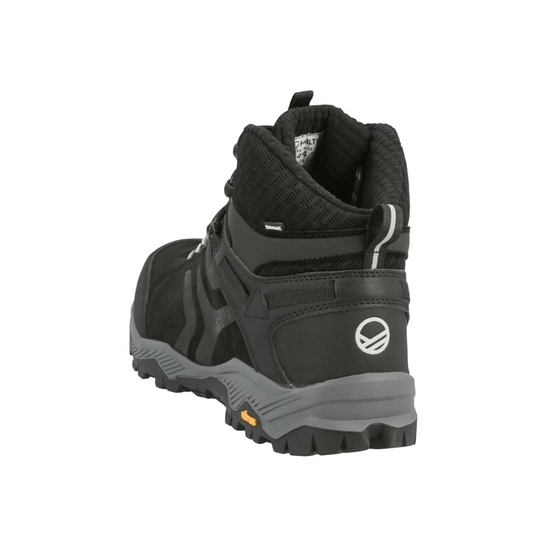 Halti Ragnar Mid DrymaxX Trekking Shoe in black/gray, rear view with Vibram Inverness outsole and rugged sole.