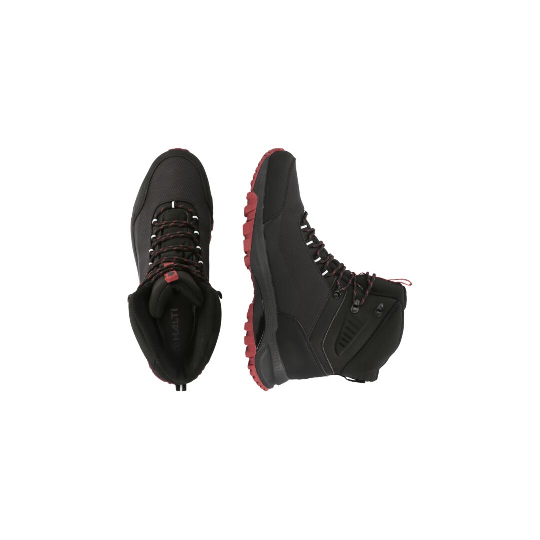Halti Rorvik Mens Mid DrymaxX Trekking Shoes in black with red soles and laces, shown side and top on white background.
