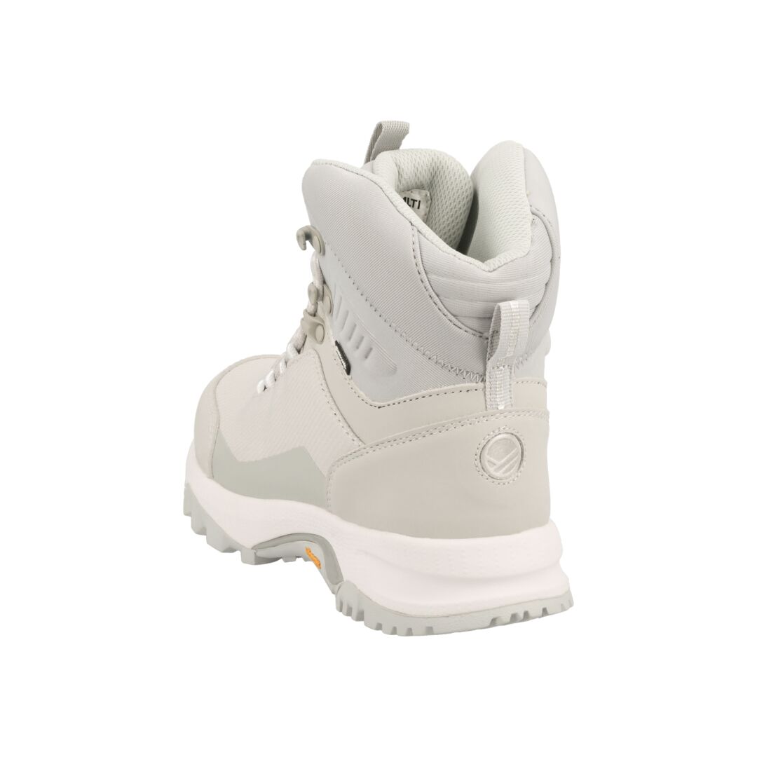 The Halti Rorvik Womens Mid DrymaxX trekking shoe in light gray, ankle-high with a treaded Vibram outsole.