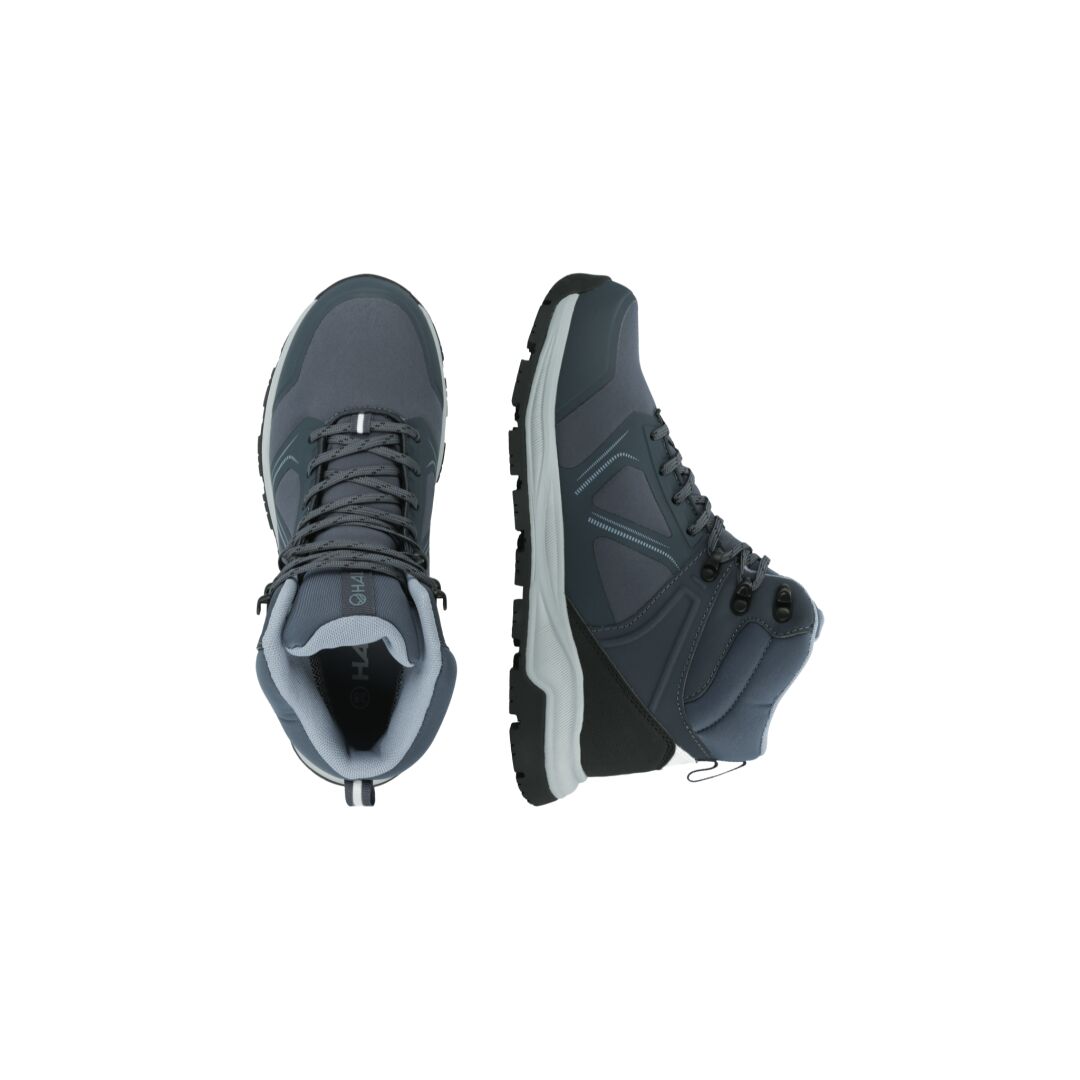 Halti Jura Womens Mid Outdoor Shoe in gray, waterproof hiking boots shown from top and side on white background.