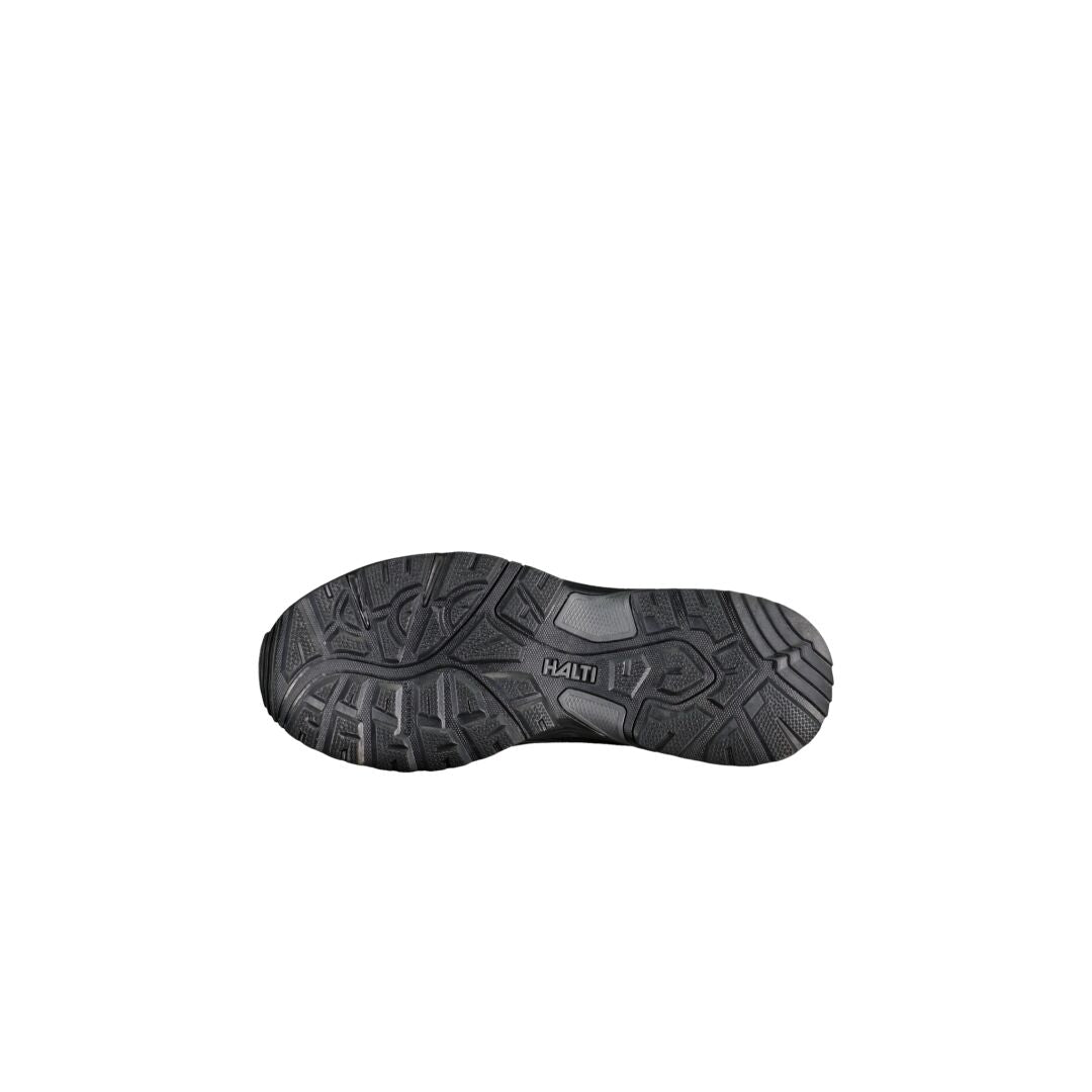 The Narvik Low 2 mens outdoor shoe by Halti features a black GripmaxX antislip sole with a textured tread and logo.