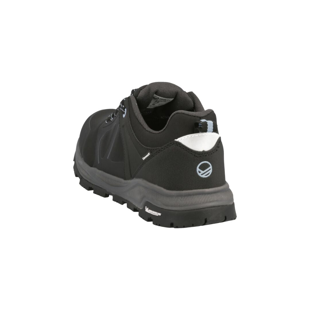 The Halti Jura Low Womens black outdoor shoe features a rugged Michelin Ice Control sole, shown from the back on white.