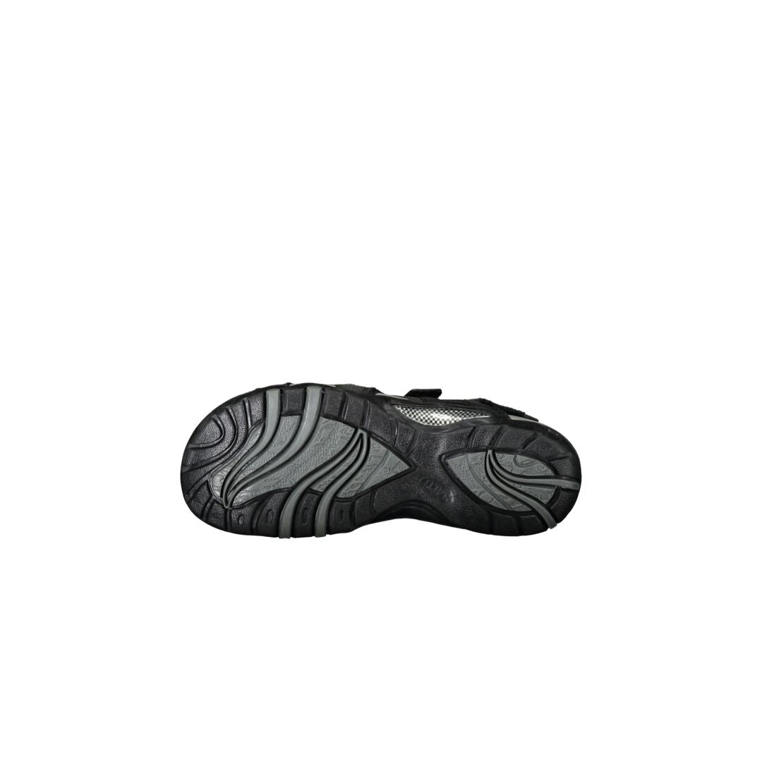 Bottom view of the Halti Route Outdoor Sandal, black/gray with a grooved rubber sole, on a white background.