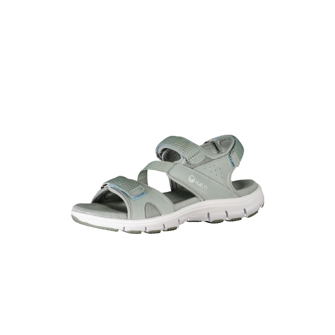 Halti Resa Womens Sandal: gray open-toe design, adjustable straps, and cushioned sole for summer outdoor fun.