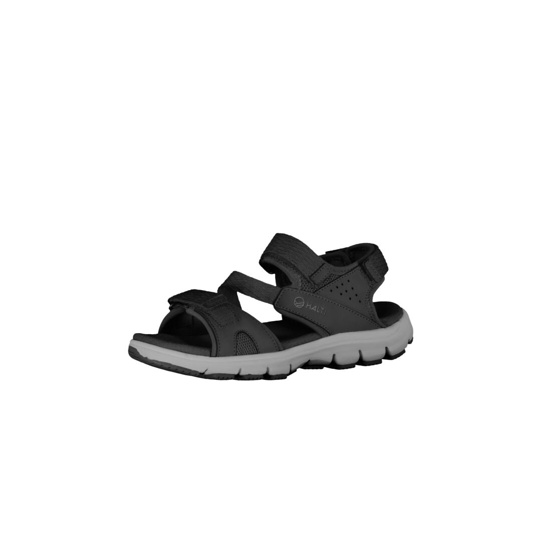The Halti Resa Womens Sandal features adjustable black and gray straps and a cushioned sole on a white background.