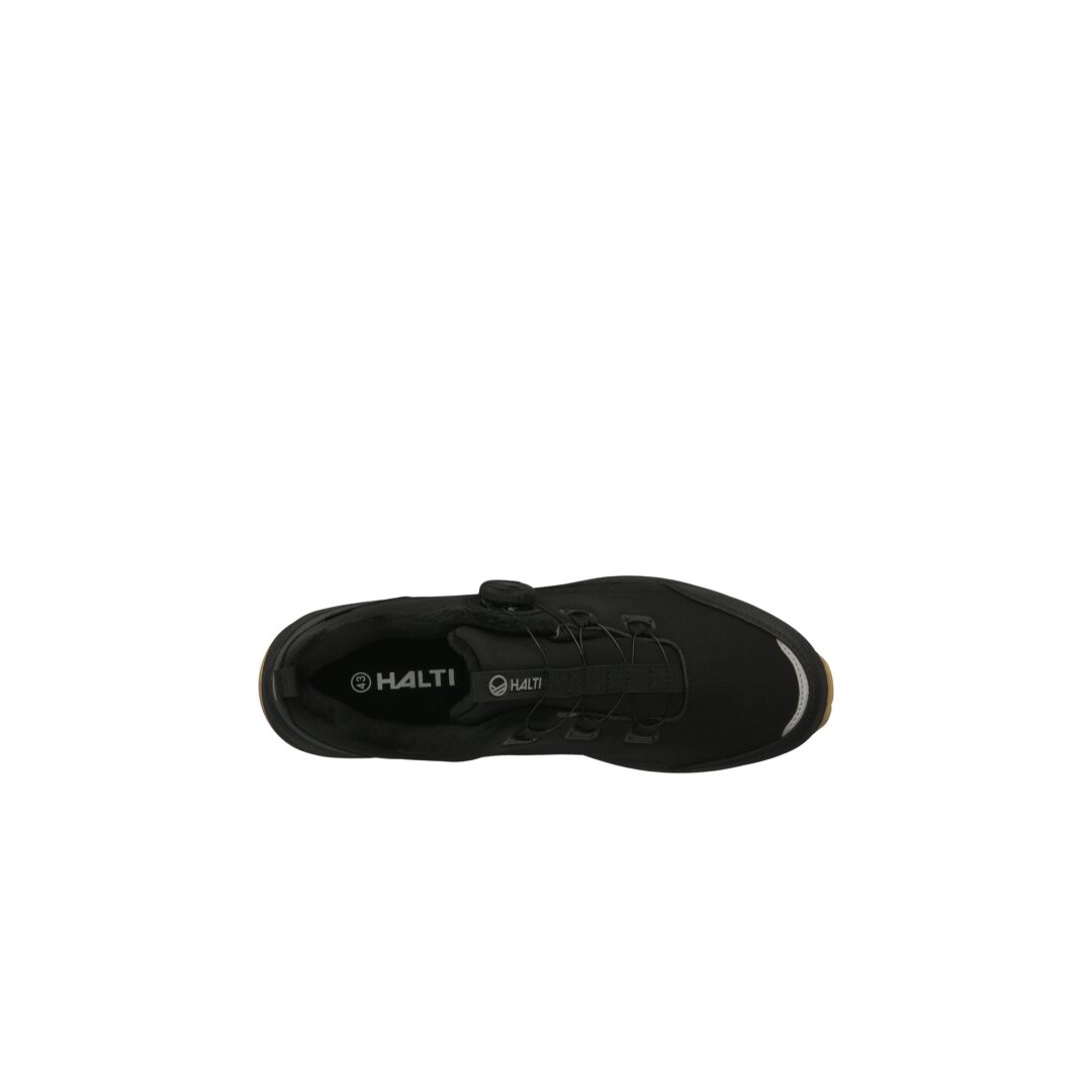 The Halti Yukon Low DrymaxX Freelock Spike Shoe in black, with Freelock lacing and Halti logo on the insole, top view.