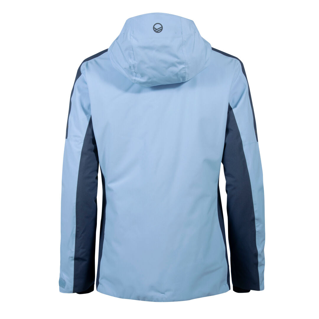 The Halti Alexa Womens DrymaxX Ski Jacket is light blue with dark blue side and arm panels, shown from the back.