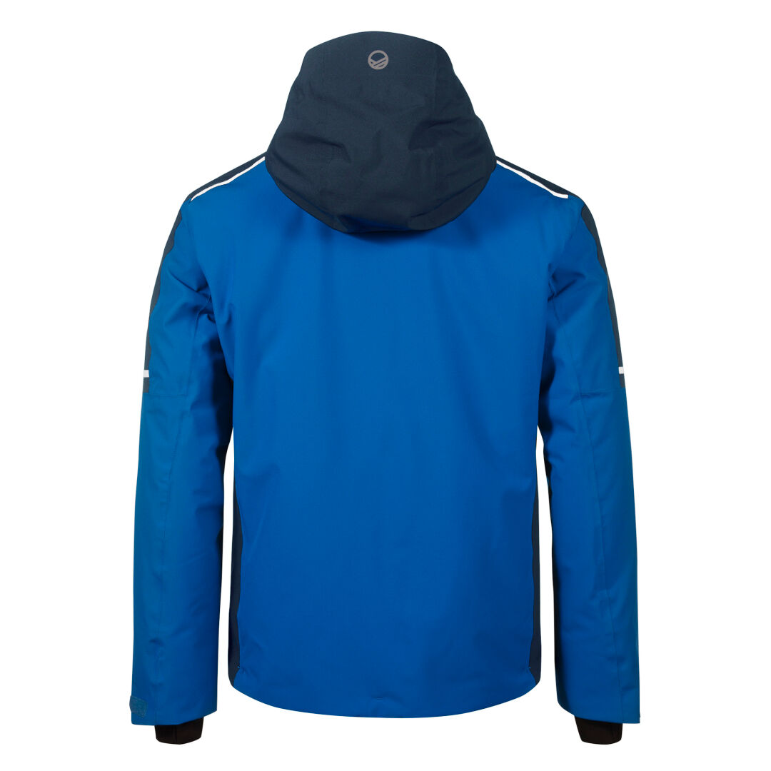 The Halti Tim Mens DrymaxX ski jacket in blue with a black hood and white accents, shown from the back.