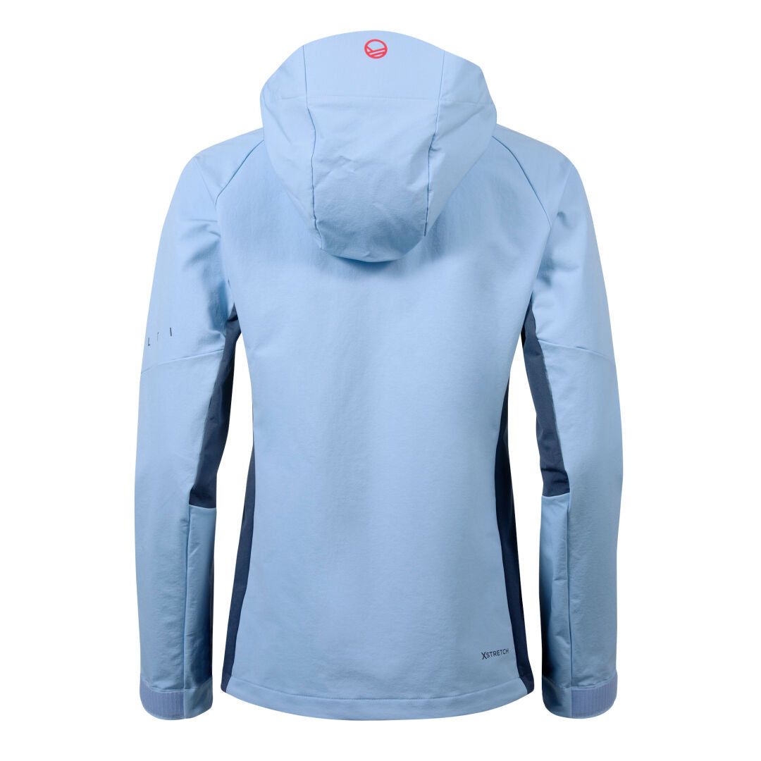 The Halti Adrenaline Womens Ski Touring Jacket in light blue with dark sides, back view on a white background.