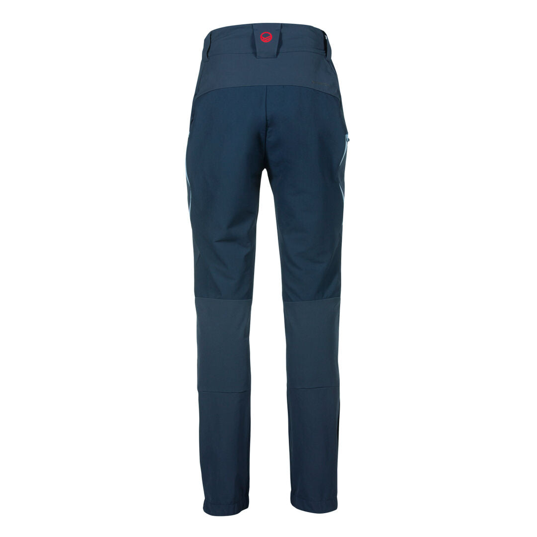 Back view of Halti Adrenaline Womens Ski Touring Pants with X-stretch fabric, reinforced waist and knees, on white.