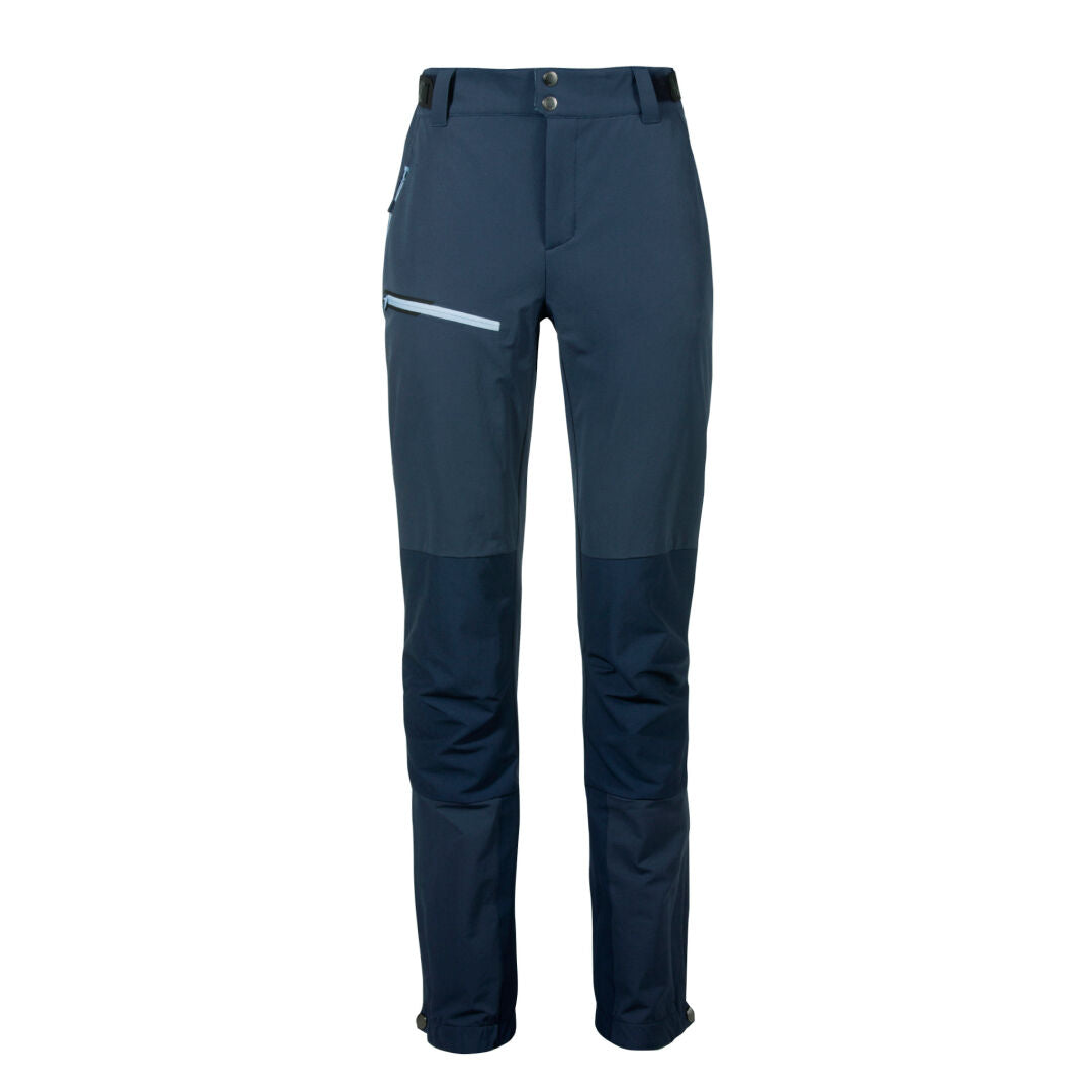 Halti Adrenaline Womens Ski Touring Pants in dark blue with X-stretch softshell, light blue zippers, and reinforced knees.