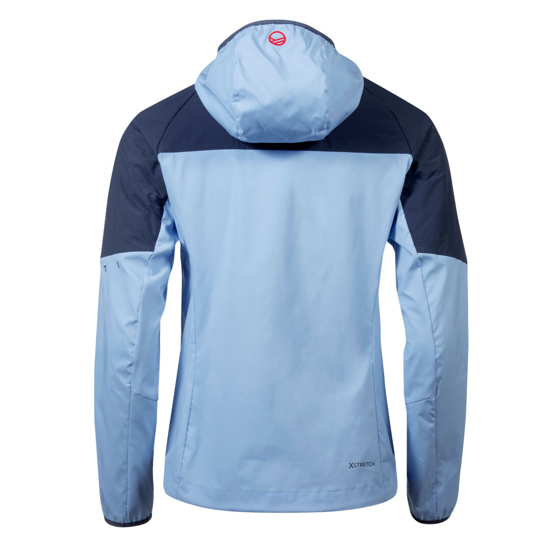 Halti Crust Womens Layer Jacket: lightweight, recycled, with dark blue shoulder panels and hooded back view.