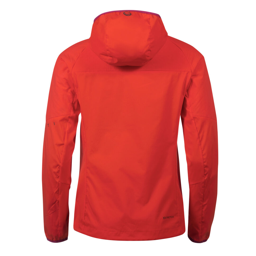 The Halti Crust Womens Layer Jacket in red, made from recycled material, shown from the back on a white background.