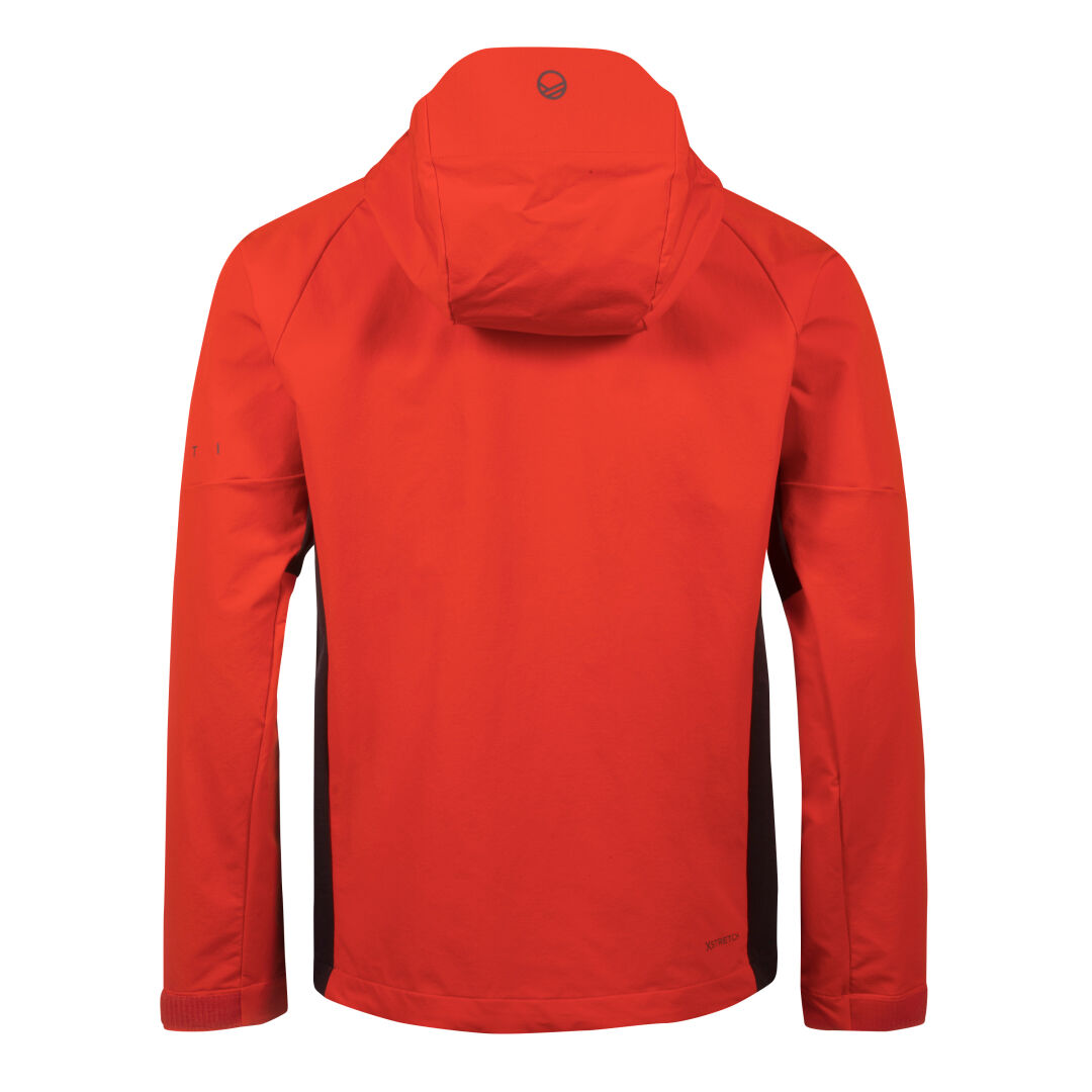 A red Halti Adrenaline Mens Ski Touring Jacket with long sleeves, black sides, and X-stretch softshell.