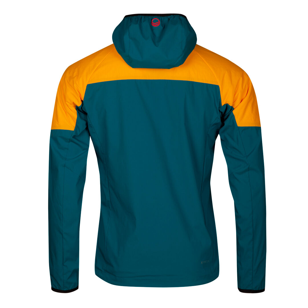 The Halti Crust Mens Layer Jacket, teal with yellow shoulders and hood, shown from the back on white.
