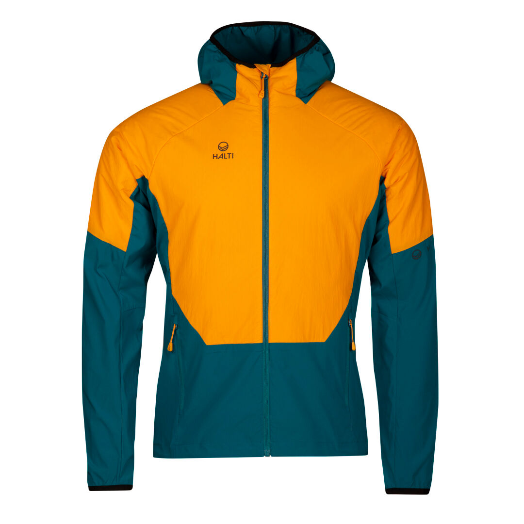 The Halti Crust Mens Layer Jacket is a lightweight, color-blocked yellow/teal jacket with hood and zip front.