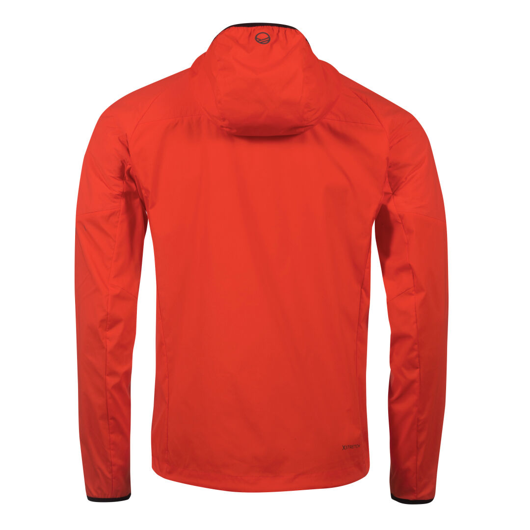 The Halti Crust Mens Layer Jacket is a bright red, lightweight winter sports jacket with long sleeves and back view.