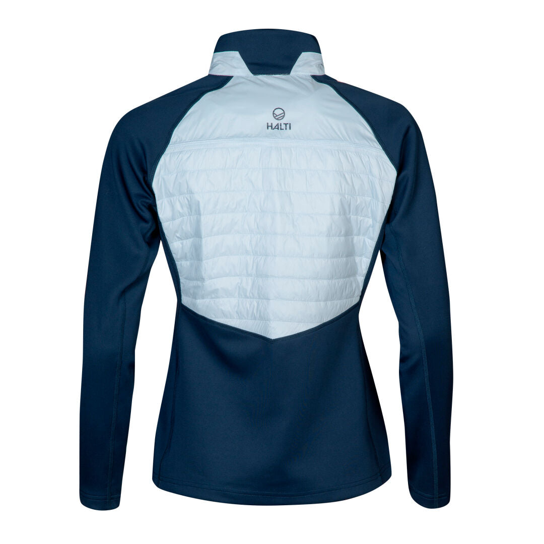 Halti Olivia Womens Hybrid Jacket in navy with light blue quilted and padded panels, featuring a standing collar.