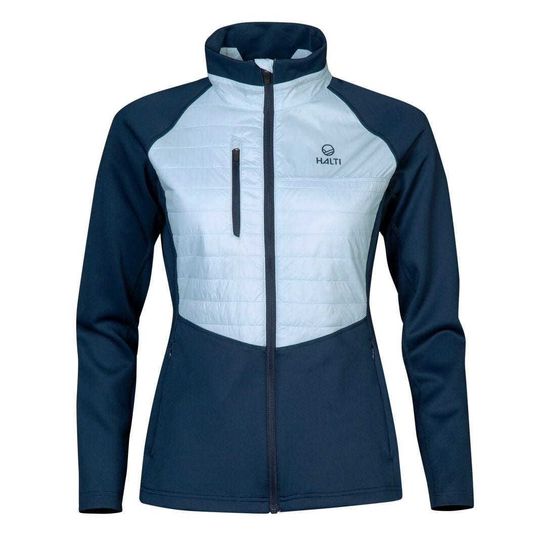 The Olivia Womens Hybrid Jacket by Halti in navy/light blue with padded panels and chest pocket on white background.