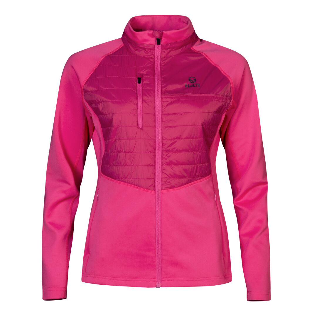 Halti Olivia Womens Hybrid Jacket: bright pink, padded quilted front, breathable knit, three pockets.