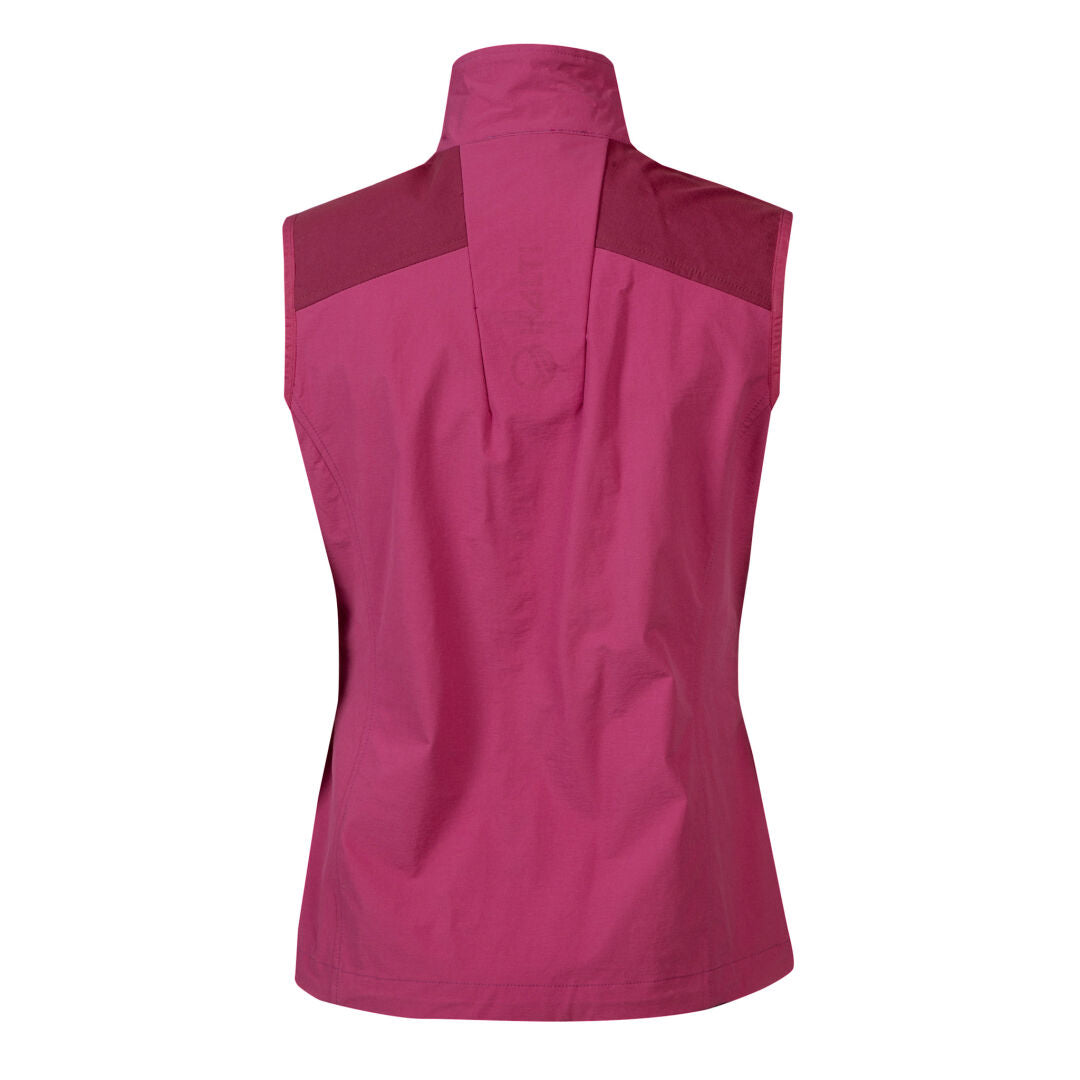 Back view of Halti Pallas Womens X-stretch Vest in magenta, with high collar and darker shoulder panel.