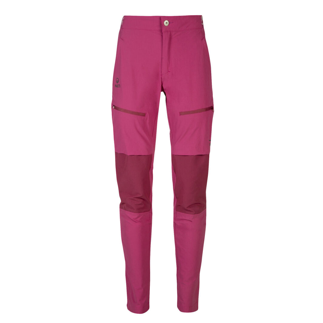 Halti Pallas II Womens X-stretch SS22 magenta pants with darker knee patches and zippered pockets.