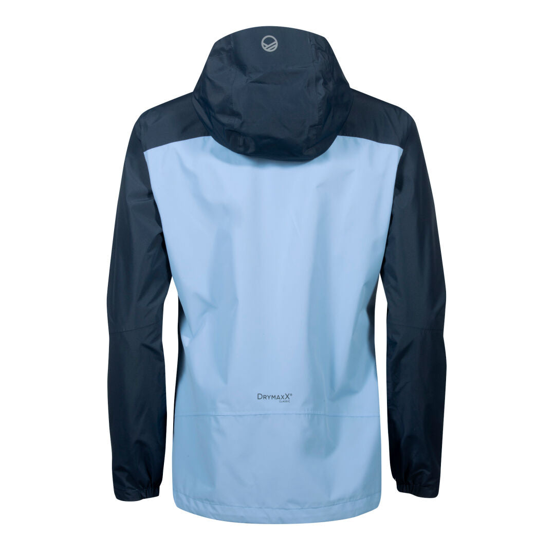 The Halti Fort DX Shell Jacket Womens in light blue/navy is shown from the back, made with DrymaxX® for weather protection.